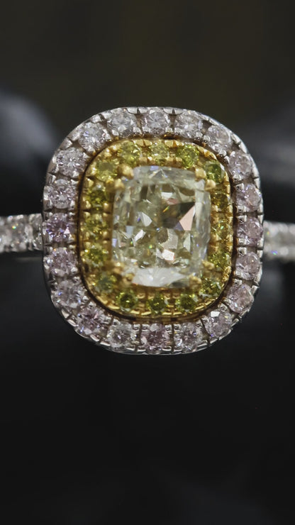 GIA Certified Natural Diamond Double Halo Engagement Ring with Yellow Diamond Accent in White Gold | Luxury Cushion Halo Design
