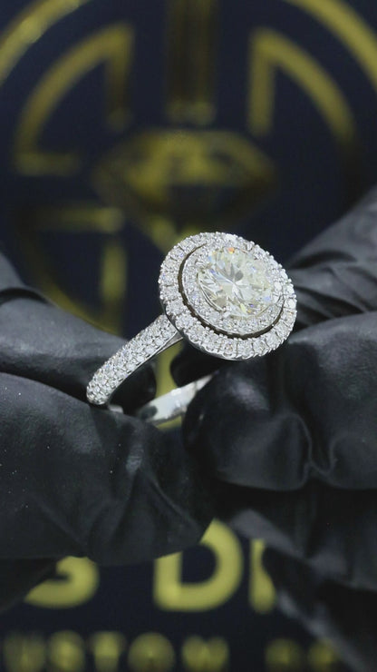 GIA Certified Natural Round Diamond Halo Engagement Ring with Pavé Band in White Gold | Classic Double Halo Design