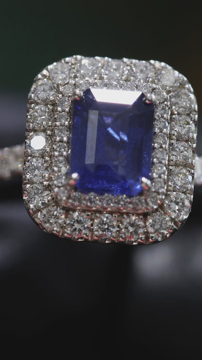 Square Blue Sapphire Double Halo Ring with Diamonds | 1.70 CTW