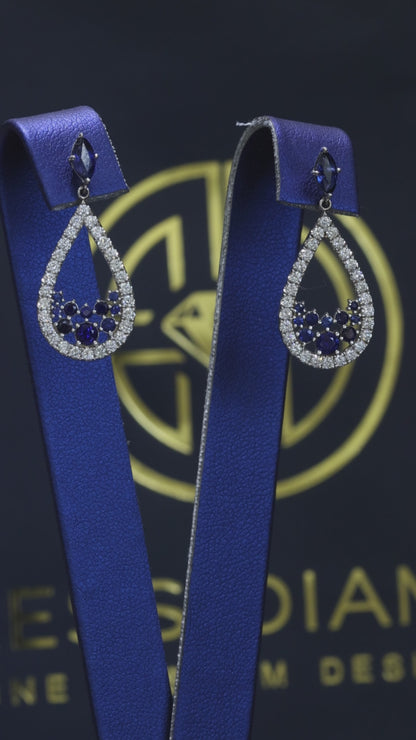 Natural sapphire diamond teardrop dangle earrings in 14K white gold with 1.00CT G-H SI pavé diamonds – luxury Houston fine jewelry by Endless Diamonds.