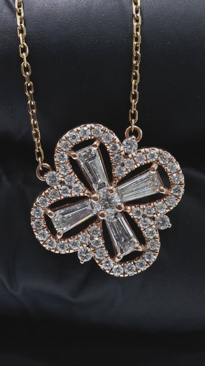Round & Baguette Diamond Clover Necklace in Rose Gold | Halo Cross Design