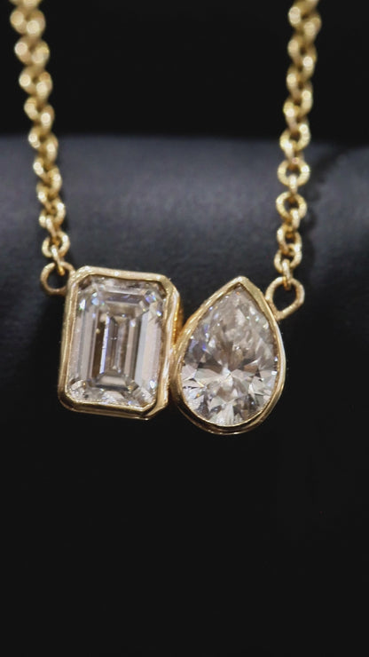 Natural Diamond Duo Pendant Necklace in Yellow Gold | Emerald & Pear Bezel Design