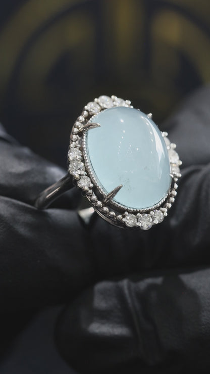 Grand Oval Aquamarine Cabochon Halo Ring in White Gold | Diamond Halo & Vintage Dome Setting