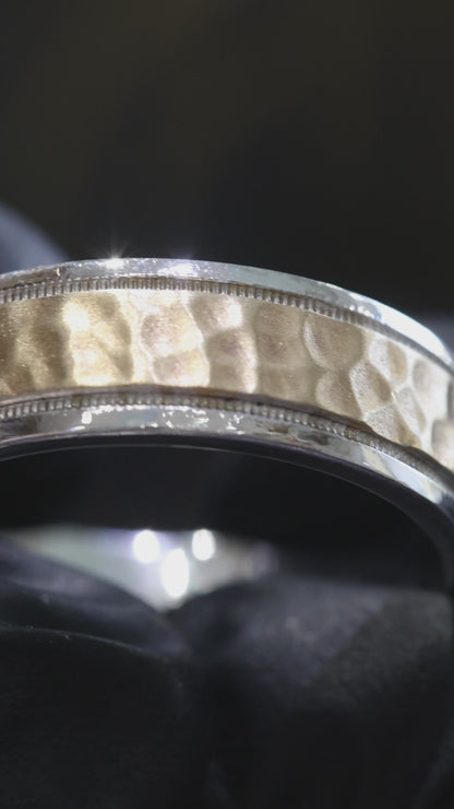 Men’s Hammered Two-Tone Wedding Band in White & Yellow Gold