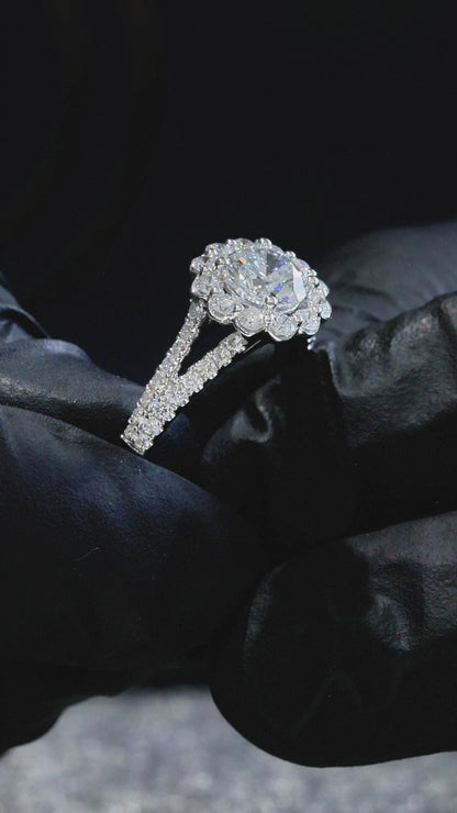 Round-Cut Lab-Grown Diamond Halo Engagement Ring with Pavé Split Shank in White Gold | Prong-Set Design