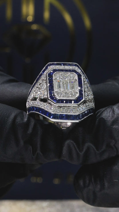 Natural Emerald Cut Diamond & Blue Sapphire Halo Engagement Ring in White Gold | Art Deco Inspired Design