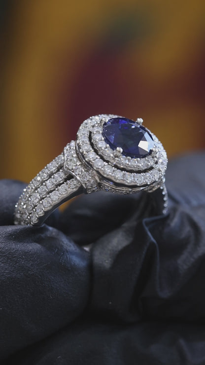 Natural Blue Sapphire Diamond Halo Ring – 3.30 TCW