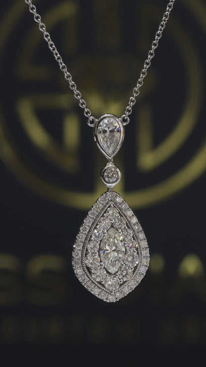 Pear Shape Diamond Drop Pendant Necklace in 14K White Gold | Halo Teardrop Design