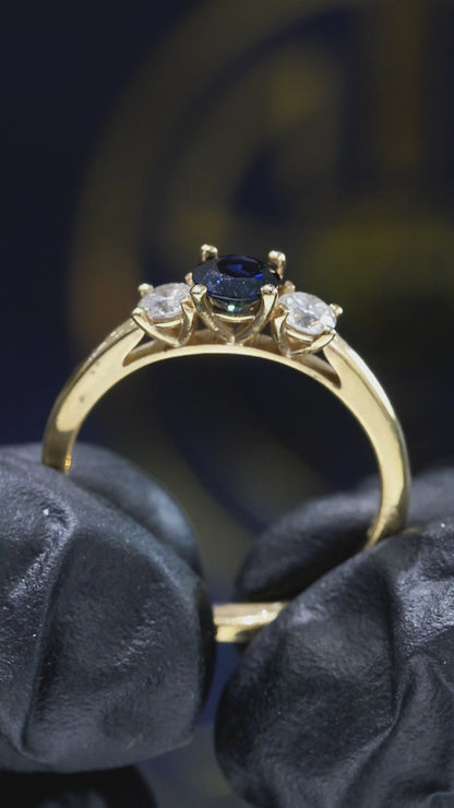 Natural Blue Sapphire & Diamond Three-Stone Ring in 14K Yellow Gold | Round Brilliant Accent Setting