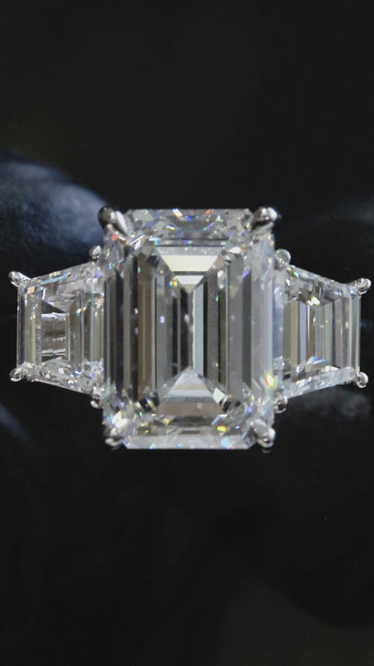 Emerald-Cut Lab-Grown Diamond Three-Stone Ring in White Gold | Baguette Accent Setting
