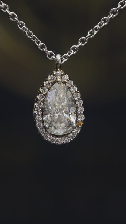 Natural Pear Diamond Halo Necklace in White Gold | Classic Teardrop Elegance