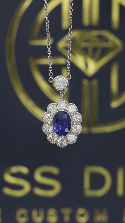 Natural Blue Sapphire & Diamond Halo Pendant Necklace in 14K White Gold | Vintage Floral Design
