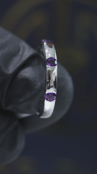 Natural Amethyst Three Stone Band Ring in 14K White Gold | Round Bezel Set