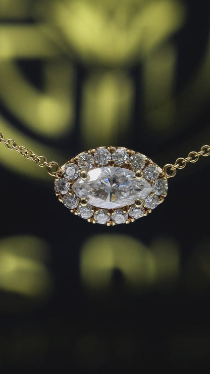 Natural Marquise Diamond Halo Pendant Necklace in 14K Yellow Gold | Round Brilliant Diamond Accent