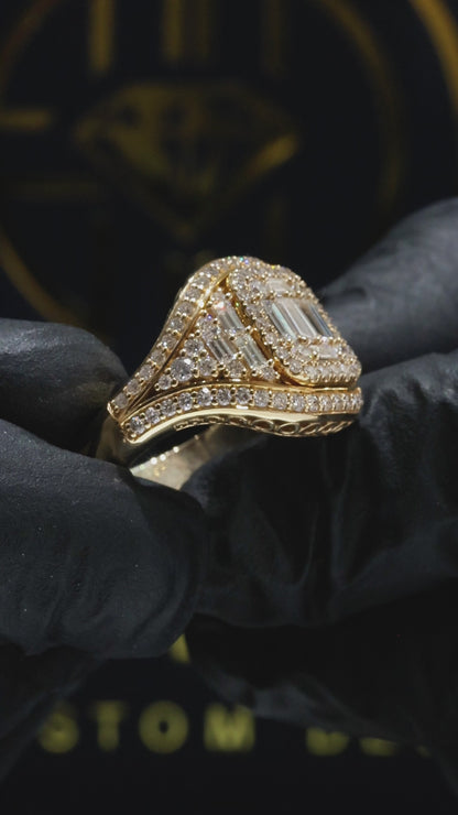 Natural Diamond Baguette & Round Cluster Halo Ring in Yellow Gold | Bold Vintage Statement Design