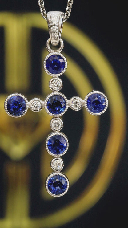 Natural Sapphire & Diamond Cross Necklace in White Gold | Milgrain Bezel Design