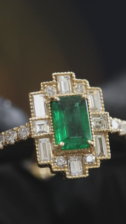 Emerald-Cut Emerald Halo Ring in Yellow Gold | Diamond Accents & Art Deco Frame