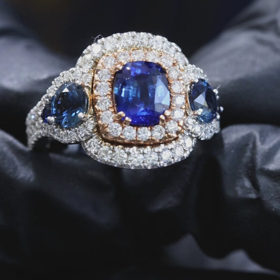 Natural Sapphire Double Halo Three-Stone Ring 2.8ct Rose & White Gold Houston Jeweler 