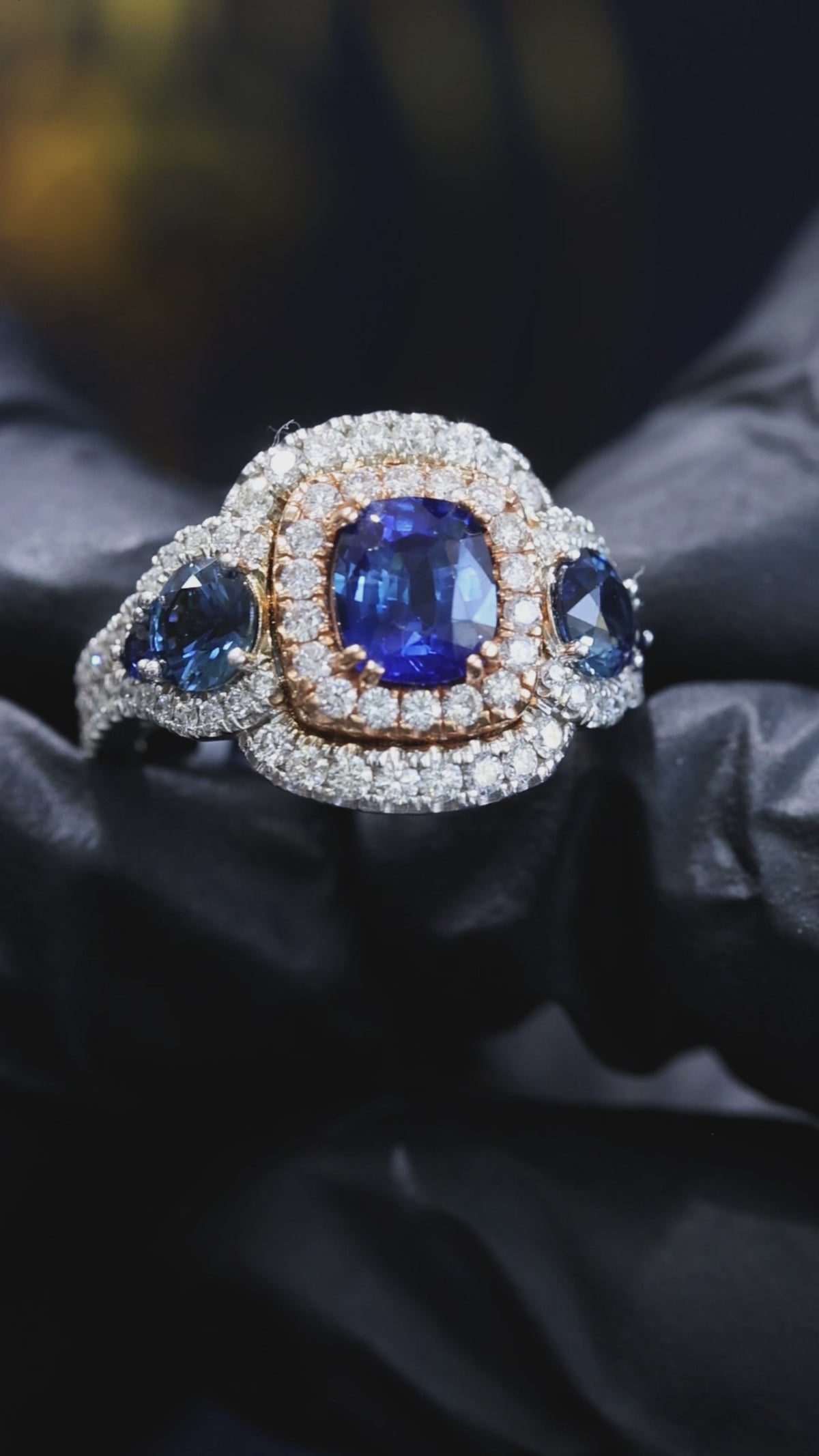Natural Sapphire Double Halo Three-Stone Ring 2.8ct Rose & White Gold Houston Jeweler 