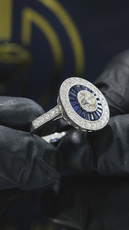 GIA Certified Natural Round Diamond Engagement Ring with Sapphire Halo in White Gold | Vintage Halo Design