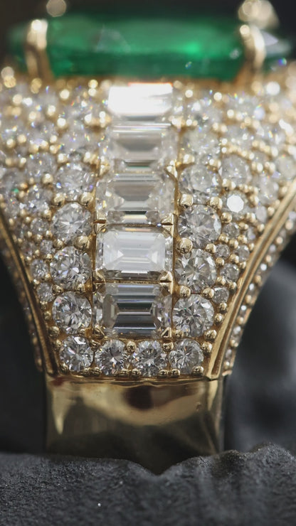Oval Emerald Double Halo Ring in Yellow Gold | Diamond Pavé Statement Setting
