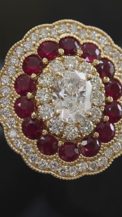 Regal Ruby & Diamond Rosette Ring in Yellow Gold | Vintage Floral Halo with Oval Diamond Center