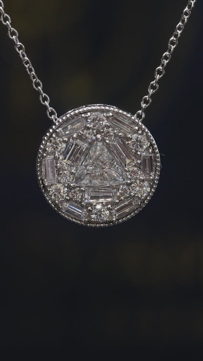 Natural Diamond Geometric Halo Necklace in White Gold | Modern Triangle Design