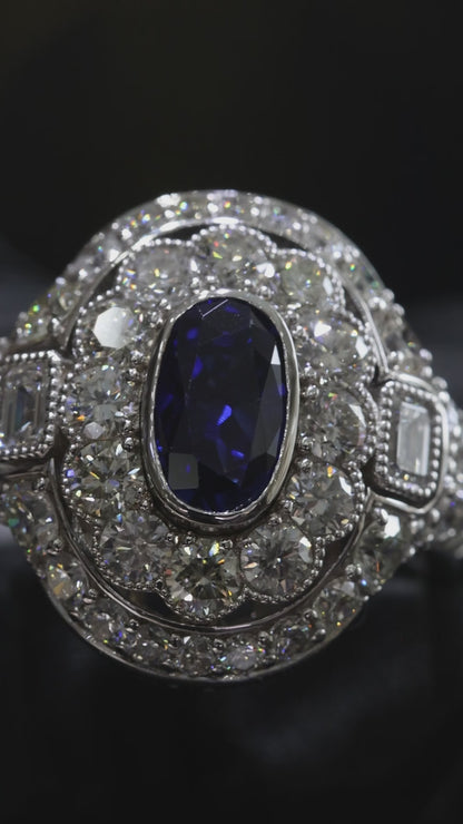 Sapphire & Diamond Halo Ring in White Gold | 1.32 CT Sapphire + 2.41 CTW Diamonds