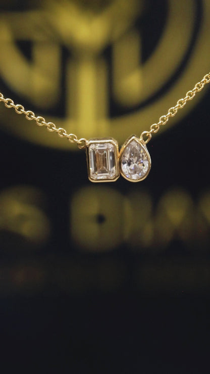 Natural Diamond Duo Pendant Necklace in Yellow Gold | Emerald & Pear Bezel Design