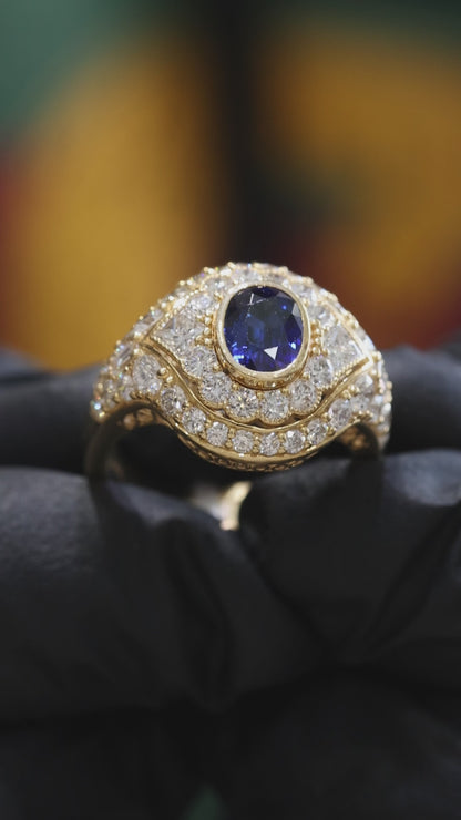 Blue Sapphire Diamond Cocktail Ring in Yellow Gold | 3.25 CTW