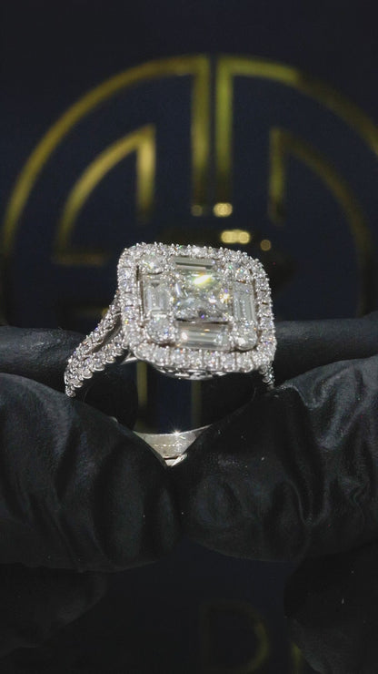 Emerald-Cut Diamond Halo Engagement Ring in White Gold | Double Halo Pavé Statement Design