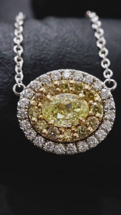 Natural Fancy Yellow Oval Diamond Halo Necklace in White Gold | Double Halo Design