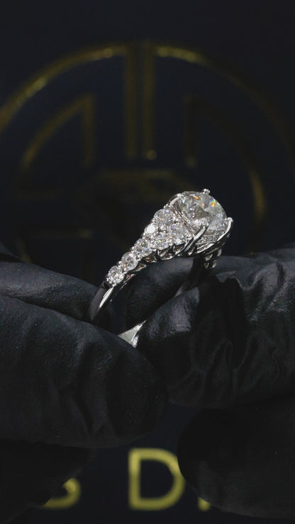 GIA Certified Natural Round Brilliant Diamond Engagement Ring with Pavé Cathedral Band in White Gold | Vintage Leaf Gallery Design