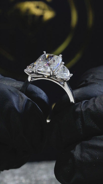 Cushion-Cut Lab-Grown Diamond Three-Stone Ring in White Gold | Tapered Side Stone Setting