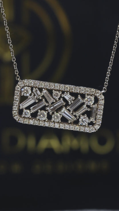 Natural Baguette & Round Diamond Bar Pendant Necklace in 14K White Gold | Diamond Halo Frame