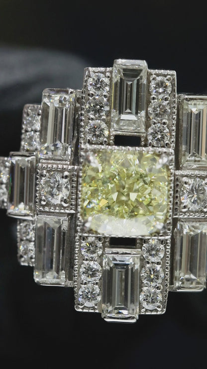 GIA Certified Natural Fancy Yellow Cushion Diamond Engagement Ring with Baguette Halo in White Gold | Art Deco Statement Design