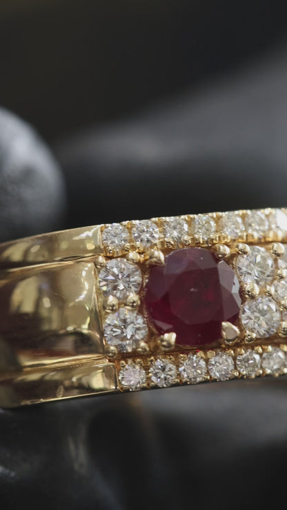 Regal Oval Ruby Diamond Band in Yellow Gold | Triple-Stone Ruby Row with Diamond Pave