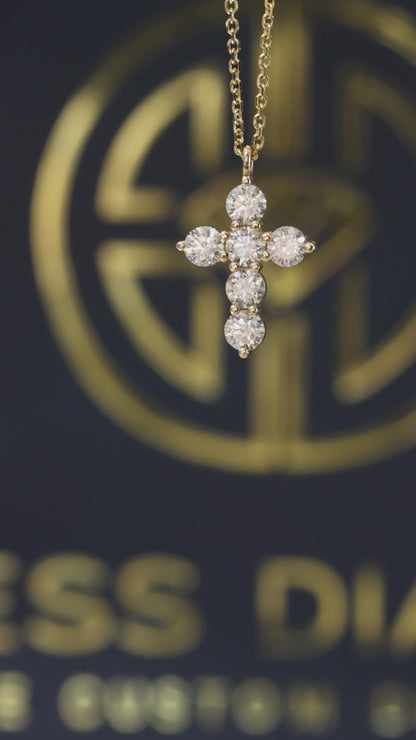 Natural Round Diamond Cross Necklace in 14K Yellow Gold | Classic Prong Set Design
