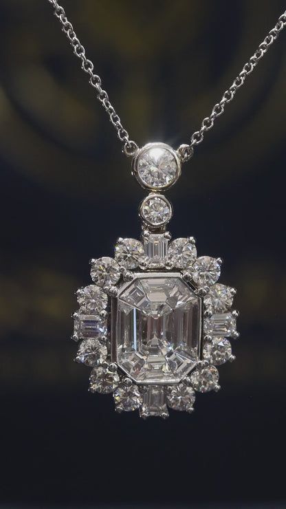 Natural Diamond Emerald-Cut Halo Pendant Necklace in White Gold | Timeless Statement Design