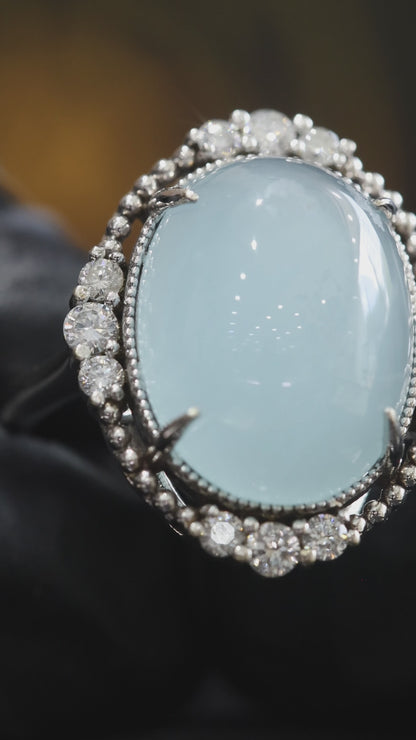 Grand Oval Aquamarine Cabochon Halo Ring in White Gold | Diamond Halo & Vintage Dome Setting