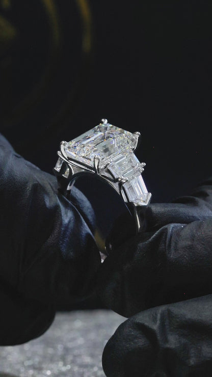 Emerald-Cut Lab-Grown Diamond Three-Stone Ring in White Gold | Emerald Side Stones