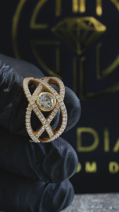 Natural Fancy Yellow Diamond Infinity Ring with Pavé Crisscross Design in Yellow Gold | Elegant Statement Style