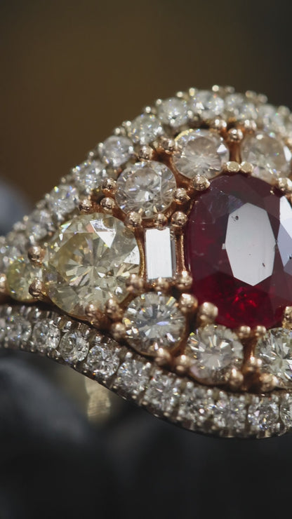 Royal Teardrop Ruby Halo Ring in White Gold | Vintage-Inspired Diamond Cluster Design