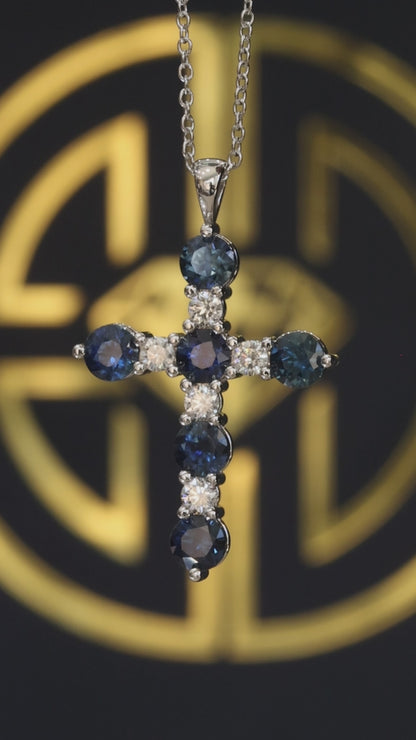 Natural Sapphire & Diamond Cross Pendant Necklace in 14K White Gold | Alternating Round Gemstone Design