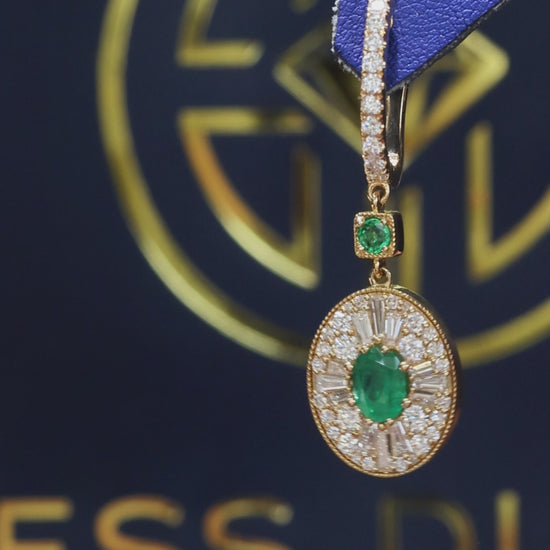 emerald diamond halo drop earrings 14k yellow gold pavé hoop luxury emerald jewelry houston