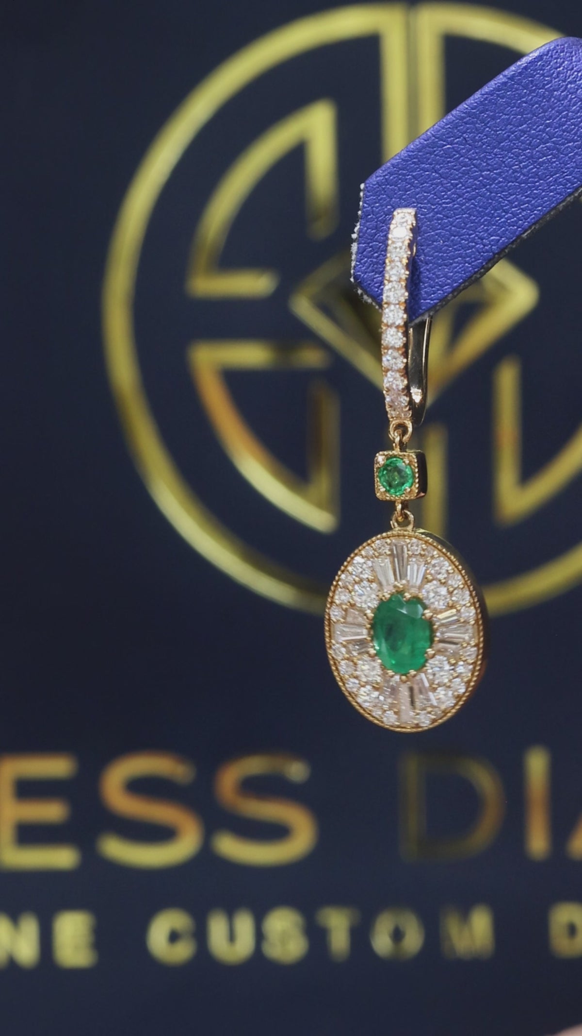 emerald diamond halo drop earrings 14k yellow gold pavé hoop luxury emerald jewelry houston