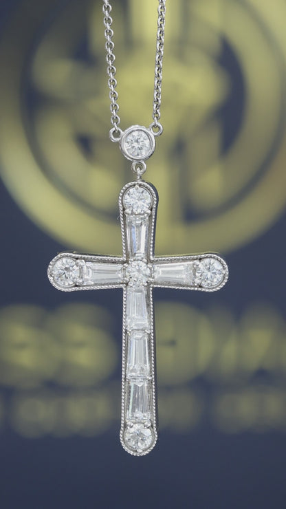 Natural Diamond Cross Pendant Necklace in 14K White Gold | Baguette & Round Brilliant Diamonds