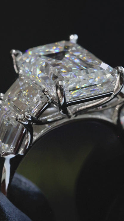 Emerald-Cut Lab-Grown Diamond Three-Stone Ring in White Gold | Emerald Side Stones