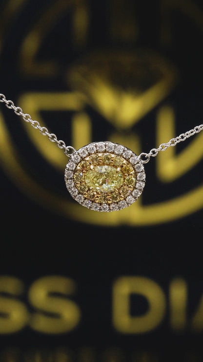 Natural Fancy Yellow Oval Diamond Halo Necklace in White Gold | Double Halo Design