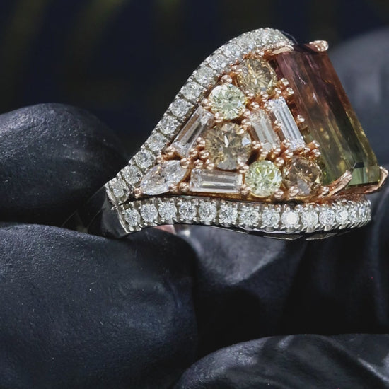 Natural Tourmaline & Diamond Halo Cluster Ring 14K White Gold | 4.61 CT houston jeweler